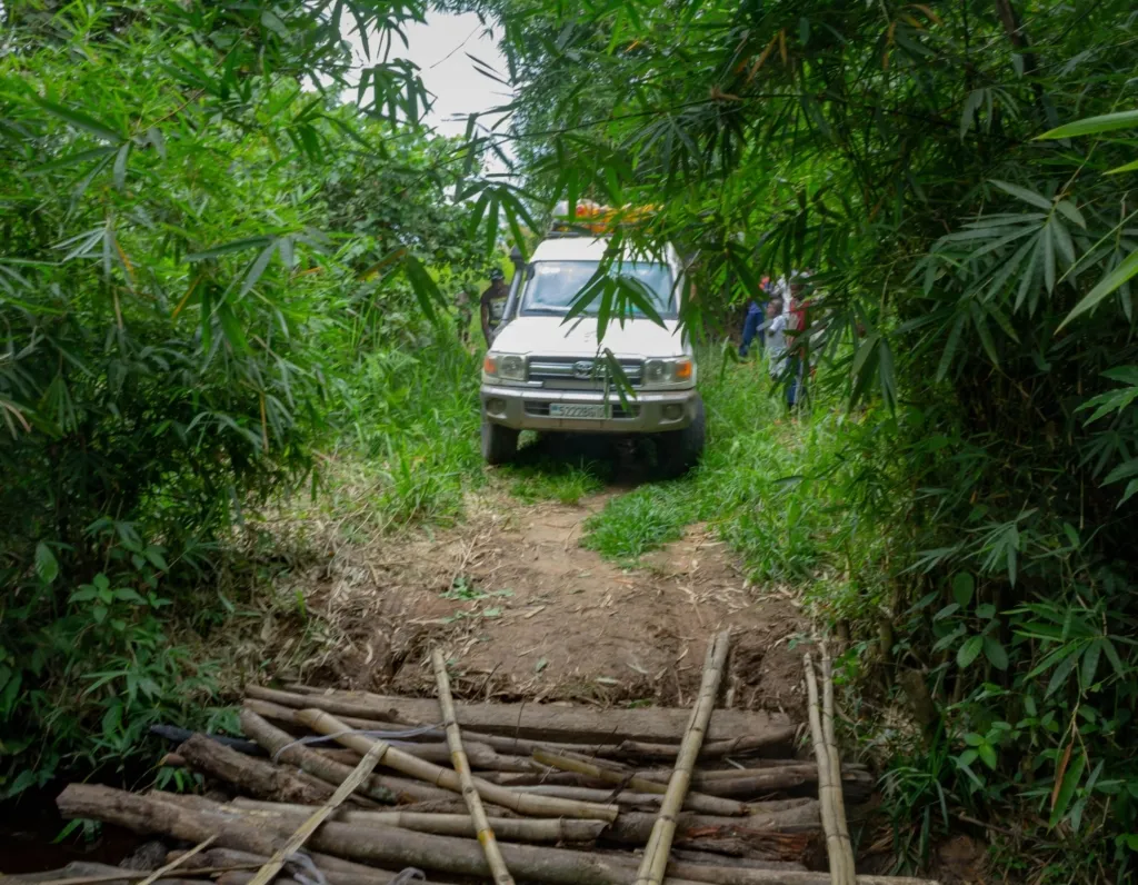 DRC-OS_Roaming_Program Truck travels through overgrown jungle over a bridge made of trees.