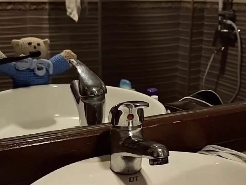 A teddy bear is seen brushing his teeth