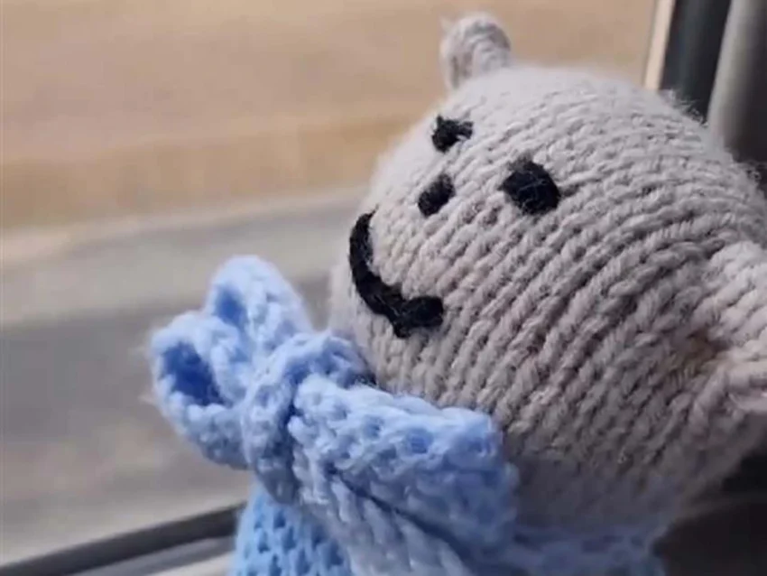 A teddy bear sits in the window seat of the bus